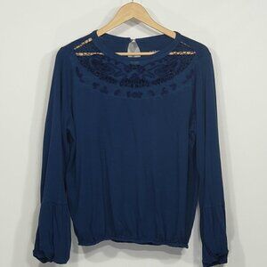 Soft Surroundings  Blue Elastic Waist Blouse with Embroidery & Cutwork  Medium